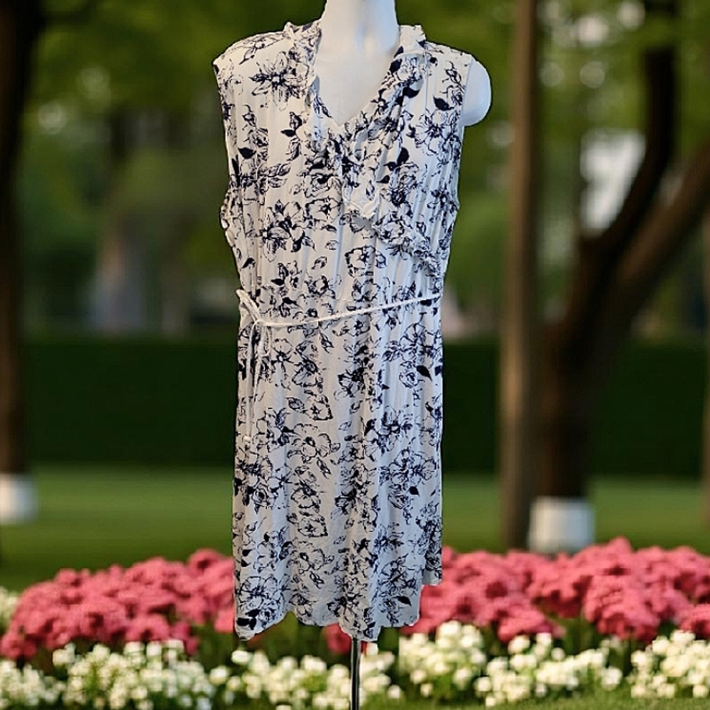 🌸Anthony Richards Women Plus Size Floral  Dress Sleeveless Belted White Blue